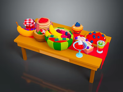 Colorful Toy Food Display On Table With Banana Watermelon Cake Ice Cream Cups And Drinks 3d model