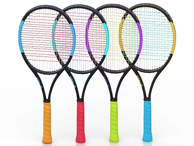 Colorful Handle Tennis Rackets As Sport Equipment With Vibrant Strings And Black Frames 3d model