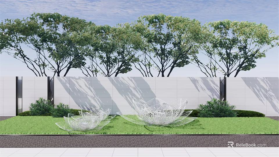 Outdoor Transparent Flower Shape Sculpture In Grass Garden Near White Wall And Trees 3d model 