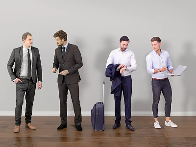 Group of Four Men in Different Clothing Styles with Suitcase and Documents 3d model
