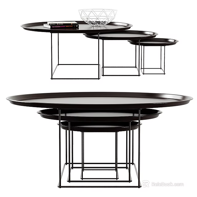Modern Nested Coffee Tables With Black Metal Frames And Round Smooth Tops 3d model