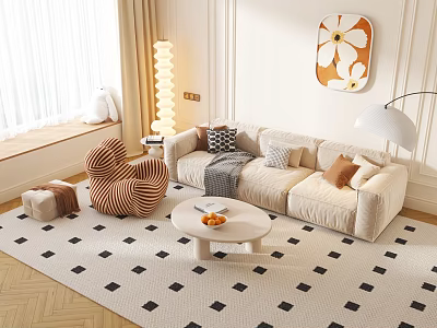 Stylish Sofa Set With Decorative Pillows Coffee Table And Geometric Area Rug 3d model