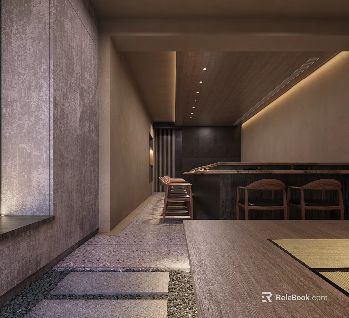 Japanese Style Restaurant Interior With Wooden Bar Seating And Minimalist Design Elements 3d model 