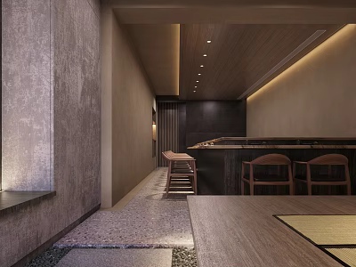 Japanese Style Restaurant Interior With Wooden Bar Seating And Minimalist Design Elements 3d model