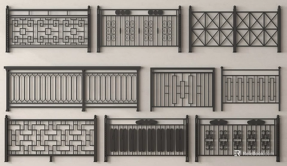 Black Metal Railings with Multiple Stylish Designs Featuring Geometric Patterns and Vertical Bars 3d model