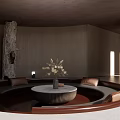 Modern Living Room With Circular Sofa Round Coffee Table Skylight Large Window And Stone Walls