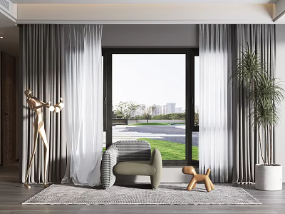 Gray And White Double Layer Curtains In Interior With Window City View Green Lawn Armchair 3d model