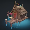 Scenic Wooden Cabin Built on Water with Wooden Pillars Colorful Flags Red Door and Hammock