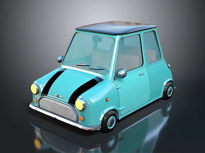 Light Blue Vintage Compact Car With Black Stripes And Dark Roof 3d model