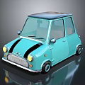 Light Blue Vintage Compact Car With Black Stripes And Dark Roof