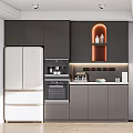 Modern Open Kitchen Interior With Red Refrigerator Gray Cabinets And White Appliances
