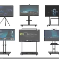 Multiple TV Screens on Mobile Stands Displaying Presentations Landscapes and Videos