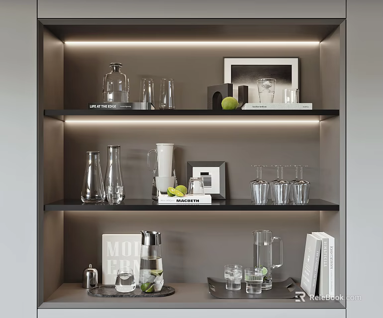 Modern Decorative Ornament Collection On Illuminated Layered Shelves With Glassware Picture Frame And Fruit Decor 3d model 