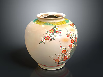 Sculpted Ceramic Vase With Intricate Floral Carvings Red Pink Flowers Green Leaves 3d model