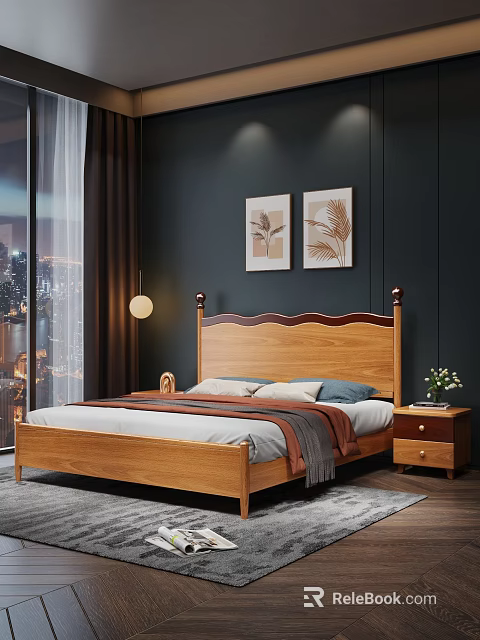 Bedroom Interior Featuring Wooden Bed Dark Wall Paintings Nightstand Vase And City View Curtains 3d model 