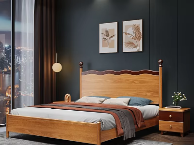 Bedroom Interior Featuring Wooden Bed Dark Wall Paintings Nightstand Vase And City View Curtains 3d model