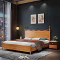 Bedroom Interior Featuring Wooden Bed Dark Wall Paintings Nightstand Vase And City View Curtains