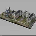 Classical European Architecture Model With Enclosed Courtyard Stone Facade And Towered Roofs