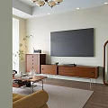 Modern Wooden TV Stand With Side Chest Of Drawers And Potted Plant