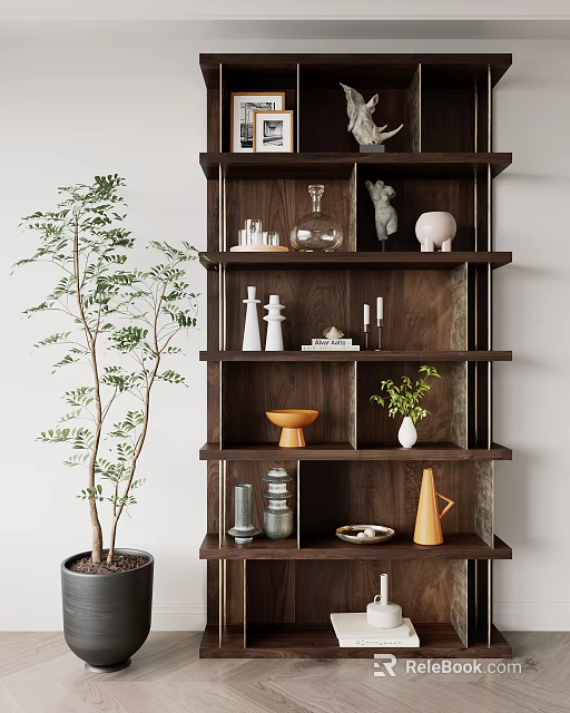 Dark Wooden Decorative Shelf Featuring Multiple Shelves Decorative Vases Sculptures Candles And Small Green Plant 3d model 