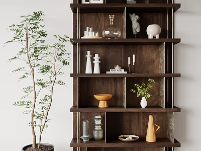 Dark Wooden Decorative Shelf Featuring Multiple Shelves Decorative Vases Sculptures Candles And Small Green Plant 3d model