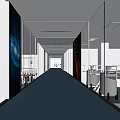 Modern Office Corridor With Blue Floor Glass Partitions Ceiling Lights And Artistic Decorations