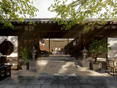 Traditional Chinese Tea House Courtyard With Wooden Structure Tile Roof And Green Plants 3d model