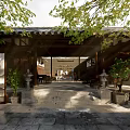 Traditional Chinese Tea House Courtyard With Wooden Structure Tile Roof And Green Plants