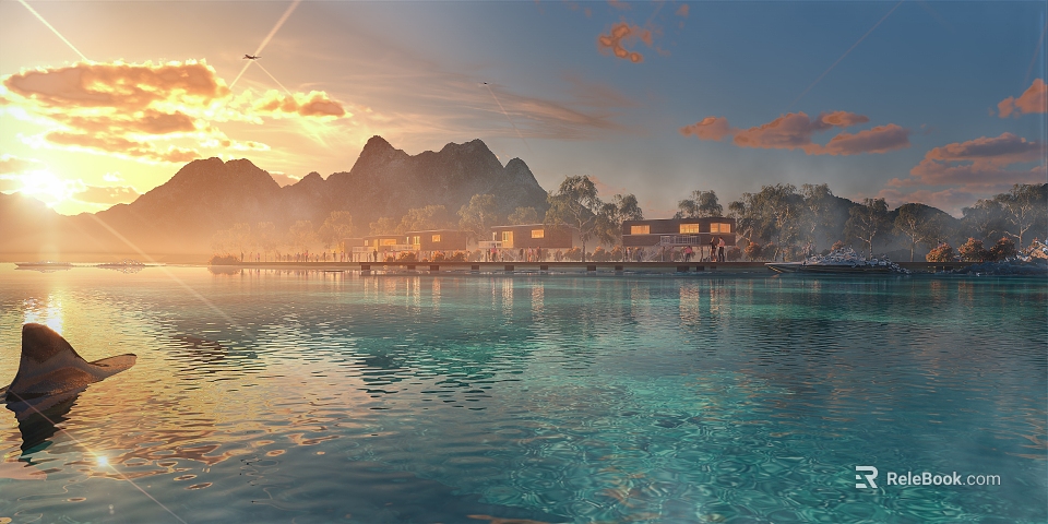 Scenic Waterfront Landscape with Calm Turquoise Water Sunset Mountains and Wooden Cottages 3d model 