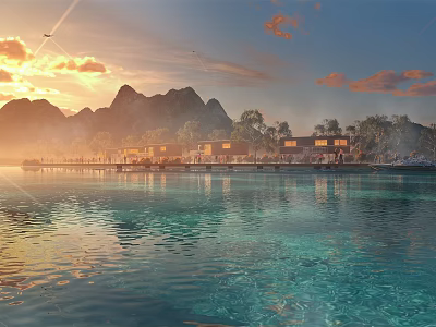 Scenic Waterfront Landscape with Calm Turquoise Water Sunset Mountains and Wooden Cottages 3d model