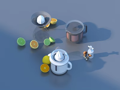 Citrus Juicing Tools With Manual And Electric Juicers Fresh Lemon Lime Slices And Condiment Bottle 3d model