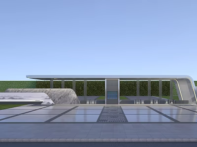 Elegant Modern Entrance Gate Design With Glass Structure And Landscaped Courtyard 3d model