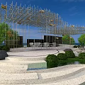 Garden Landscape Design With Circular Fountain Lush Lawn Metal Pergola And Water Features