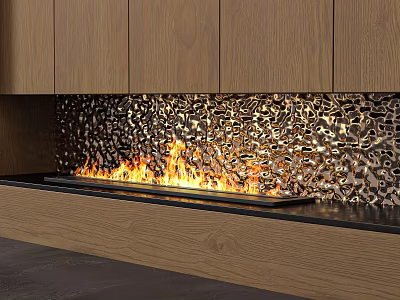 Modern Fireplace Interior Design With Wooden Cabinets Textured Backsplash And Burning Flames 3d model