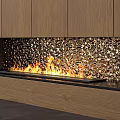 Modern Fireplace Interior Design With Wooden Cabinets Textured Backsplash And Burning Flames