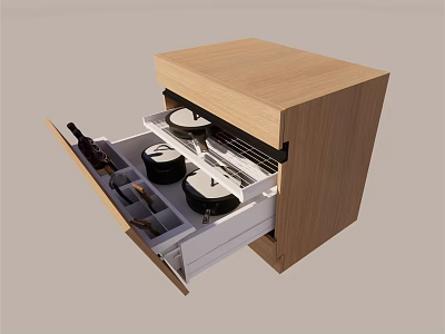 Wooden Kitchen Cabinet With Open Drawers For Pot And Utensil Storage Design 3d model