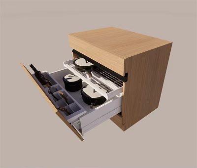 Wooden Kitchen Cabinet With Open Drawers For Pot And Utensil Storage Design 3d model