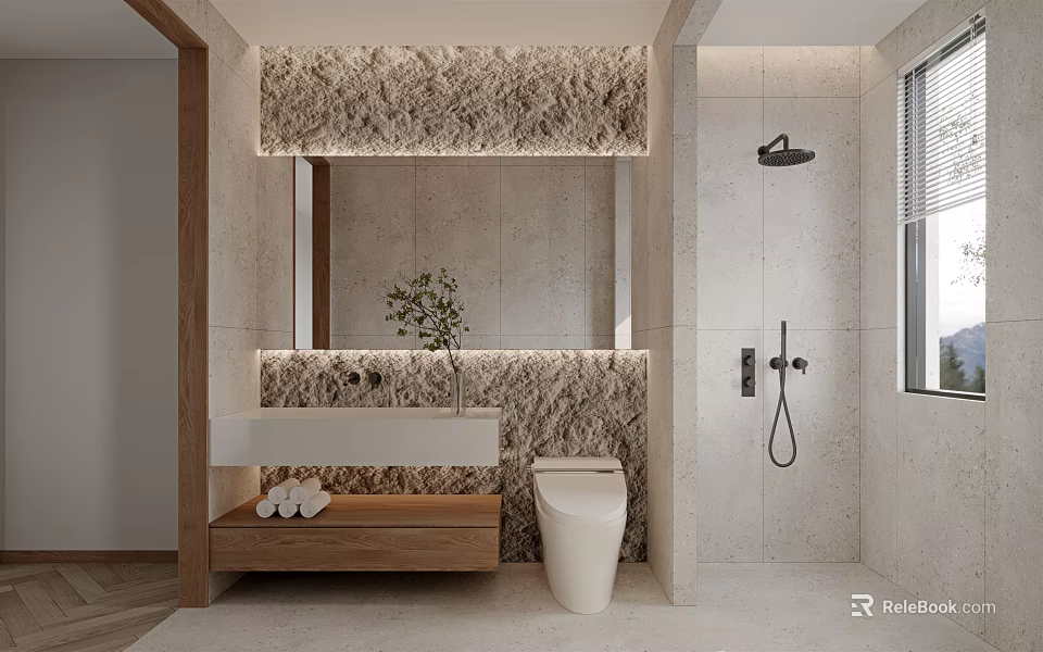 Modern Bathroom Interior With Stone Textured Walls Wooden Vanity Green Plant And Shower Area 3d model 