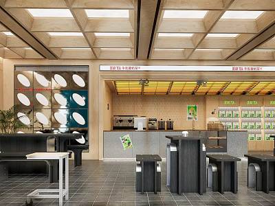 Modern Bubble Tea Shop Interior Design With Wooden Ceiling Counter And Seating Area 3d model