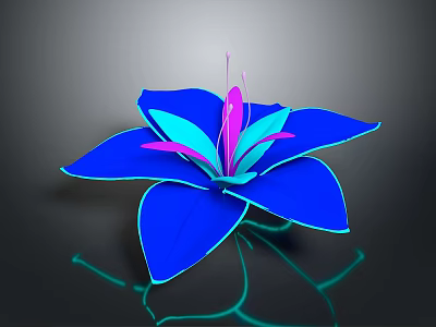 Vibrant Flower With Blue Petals Pink Stamen And Green Reflection On Dark Background 3d model