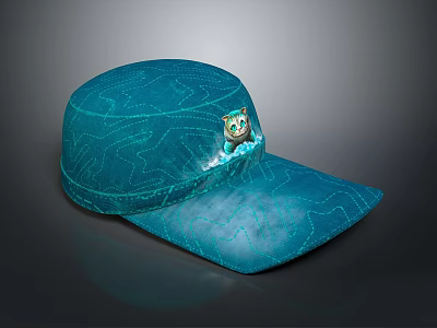Blue Casual Hat With Cartoon Cat Decoration And Wave Pattern Design 3d model