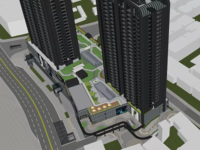 Modern Twin High Rise Residential Landscape with Central Green Area and Urban Design 3d model