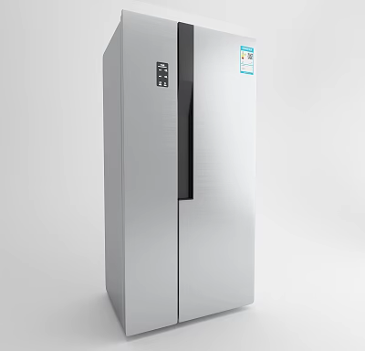 Silver Double Door Refrigerator With Stainless Steel Finish And Control Panel 3d model