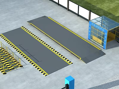 Commercial Loading Ramps With Yellow Black Warning Stripes And Blue Control Booth 3d model