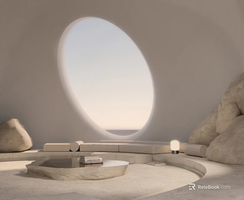 Modern Minimalist Hotel Public Lounge With Circular Window Sea View Stone Sofas And Coffee Table 3d model 