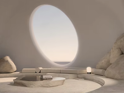 Modern Minimalist Hotel Public Lounge With Circular Window Sea View Stone Sofas And Coffee Table 3d model