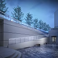 Modern Outdoor Courtyard With Steps Benches Trees And Ambient Lighting