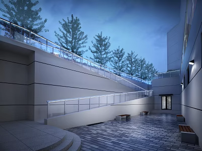 Modern Outdoor Courtyard With Steps Benches Trees And Ambient Lighting 3d model