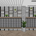 Modern Shop Front Desk With Gray Marble Wall Wooden Bookshelves Green Plants White Marble Countertop