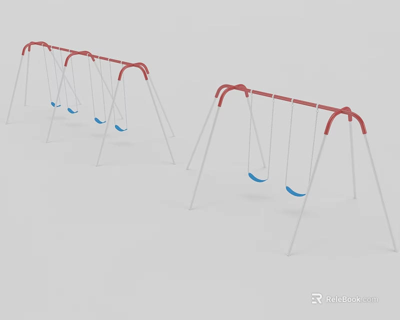 Outdoor Playground Equipment Red Frame Swings With White Supports And Blue Seats 3d model 